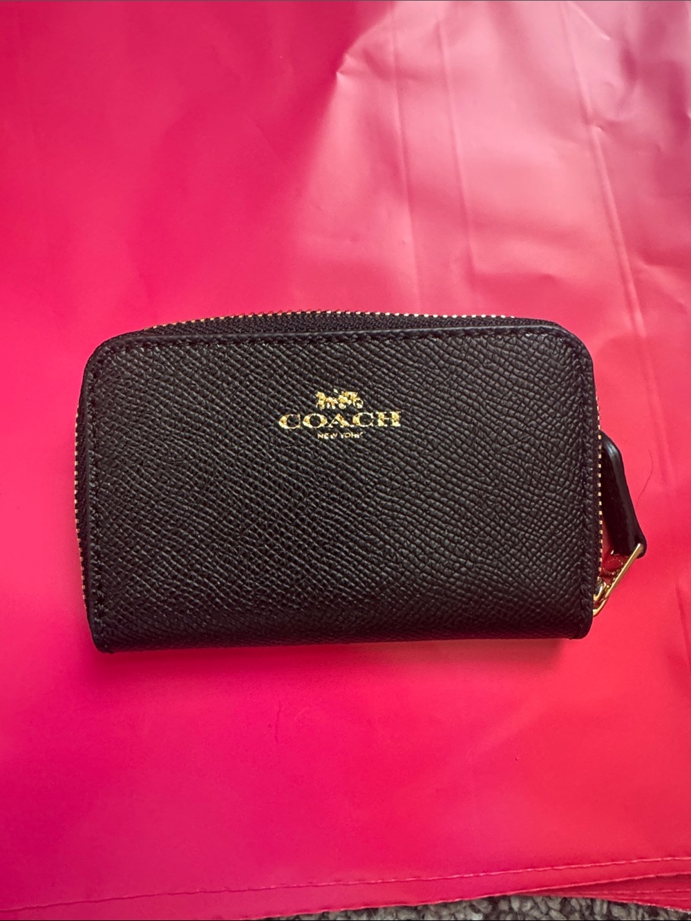 Coach Black Leather Zip Card Holder with Gold Logo